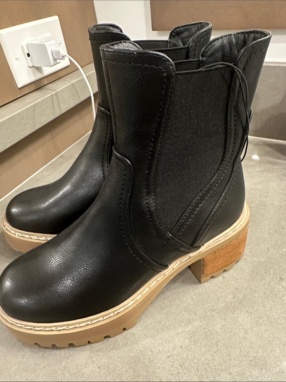 Altar'd State Black Faux Leather Chelsea Booties with Tan Lug Sole